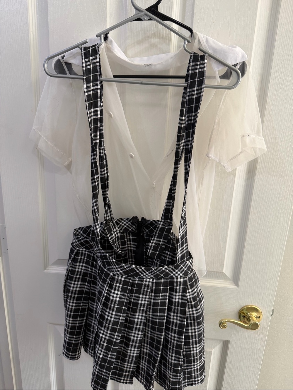 Black & White Plaid Suspender Skirt - cosplay uniform